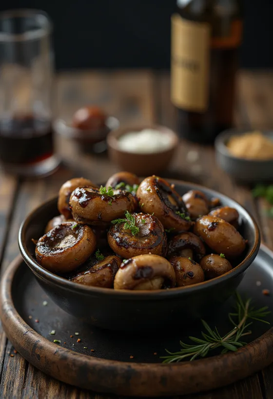 Paistetut sienet balsamico-marinadissa tarjoiltuna