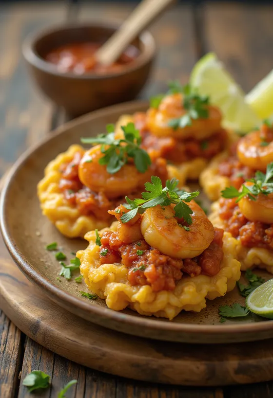 Acarajé katkaravuilla ja mustapavuilla, tarjoiltuna kullanruskeina friteerattuina palloina