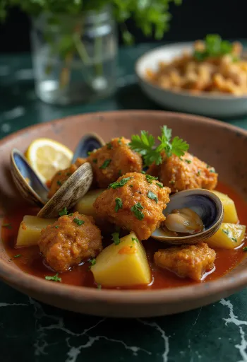 Carne de porco à Alentejana portugalilainen ruoka tarjoiltuna