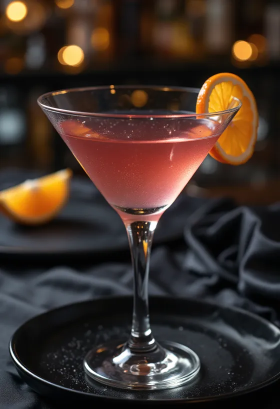 Cosmopolitan-cocktail appelsiininkuorella koristeltuna