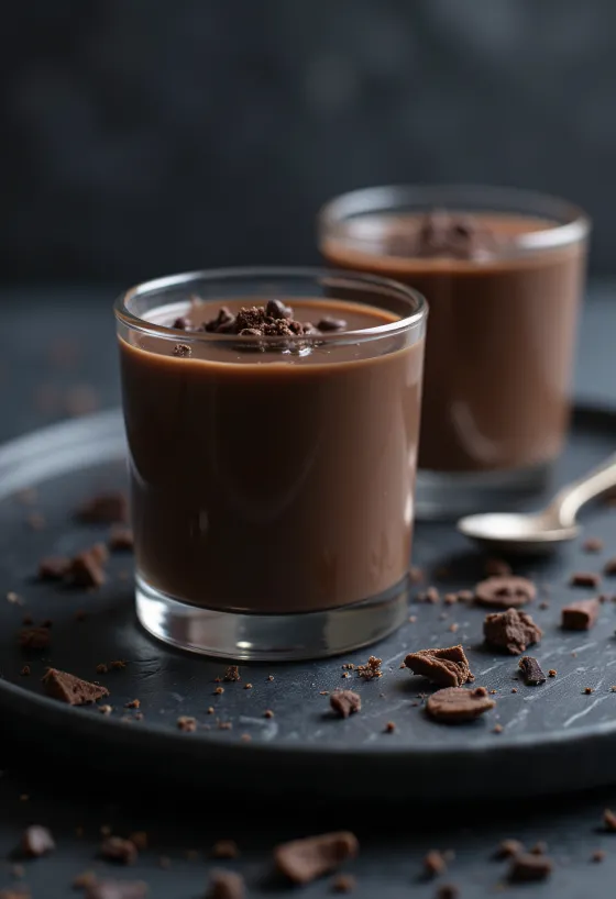 Suklaapannacotta marjoilla ja suklaalastuilla