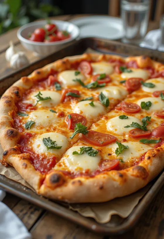 Grandma pizza pitkänomaisella taikinalla ja juustolla