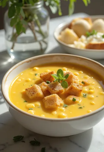 Keltahernekeitto savumakkaralla ja tuoreella persiljalla tarjoiltuna