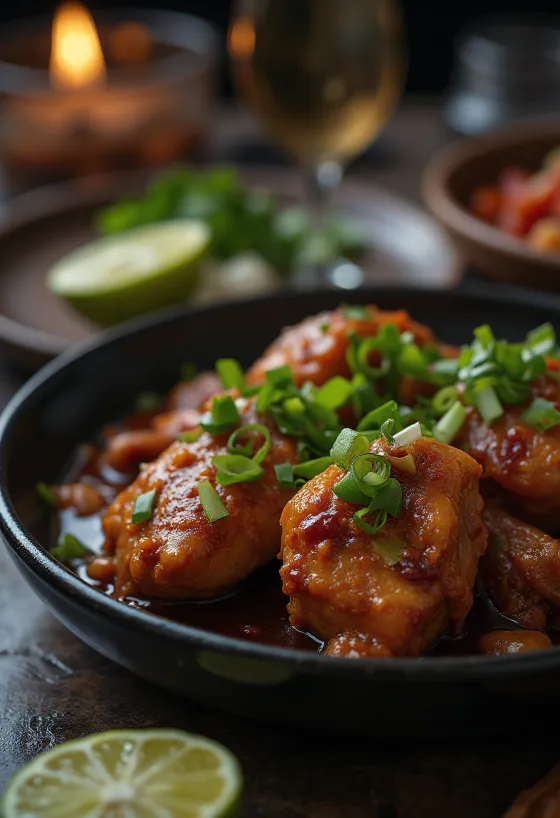 Adobo-muhennos mausteinen, kananlihaa ja rikkaita mausteita