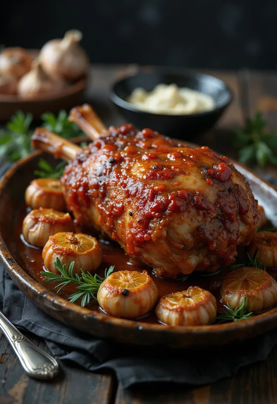 Ajvar-paahdettua lammasta tuoreella persiljalla ja paistetuilla perunoilla