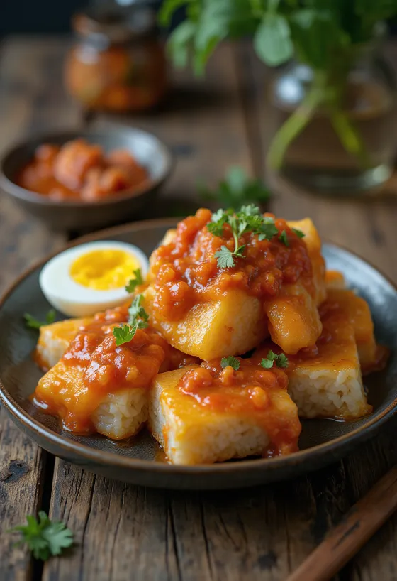 Lontong sambal-kastikkeella, tuoreella kananmunalla tarjoiltuna lautasella