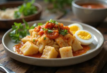 Lontong sambal-kastikkeella, tuoreella kananmunalla tarjoiltuna lautasella