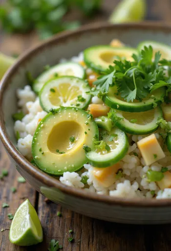 Poké limellä, tuoreilla vihanneksilla riisipedillä, koristeltu korianterilla ja limellä.