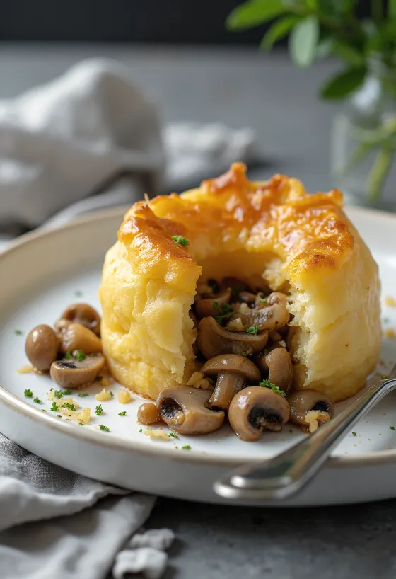 Yorkshire pudding sienitäytteellä, tuoreella persiljalla koristeltuna