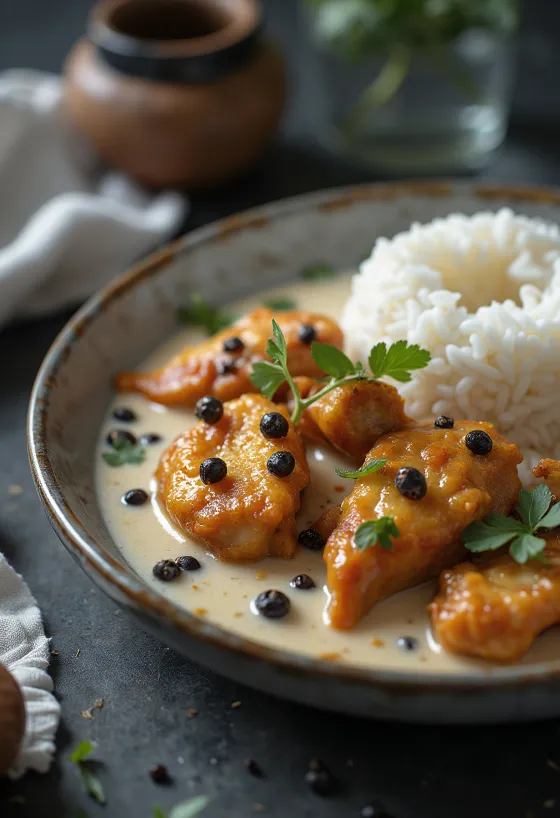 Adobo kookoskanaa, runsaassa ja kermaisessa kookosmaidossa mausteiden kera