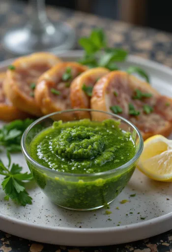 Chimichurri-kastike tarjoiltuna grillattujen lihojen kanssa