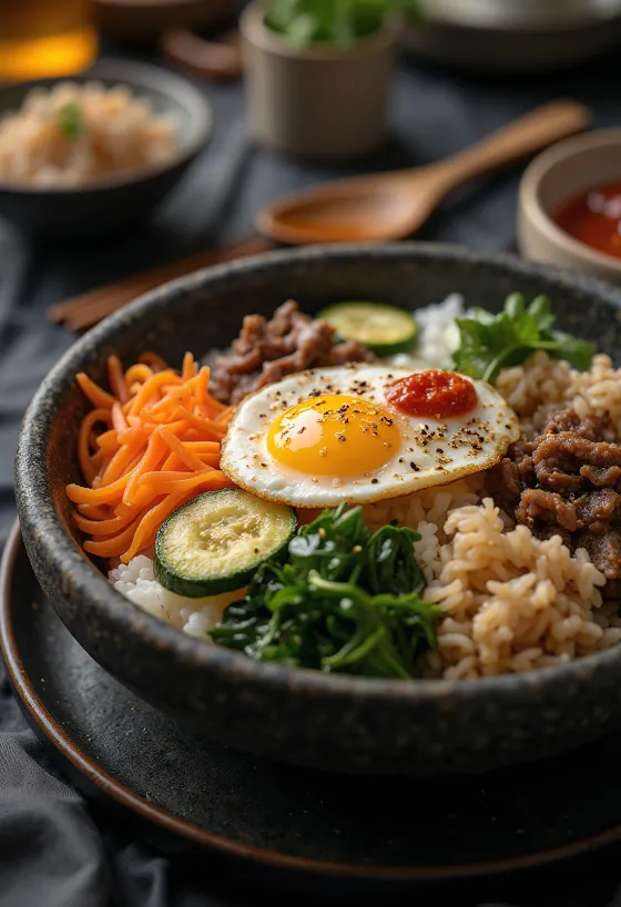 Bibimbap tarjoiltuna paistetun kananmunan ja vihannesten kera