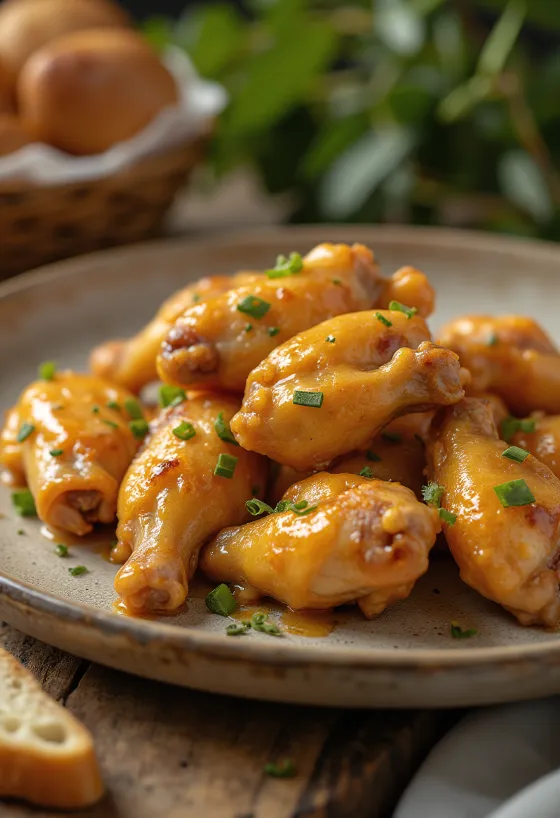 Kanansiipiä hunaja-sinappikastikkeessa tarjoiltuna