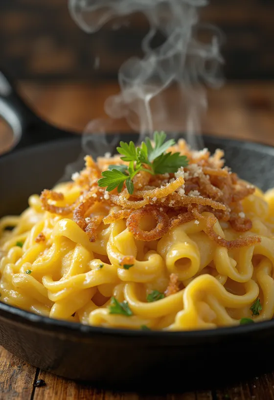 Käsespätzle, itävaltalainen juustopasta savukinkulla ja paistetulla sipulilla