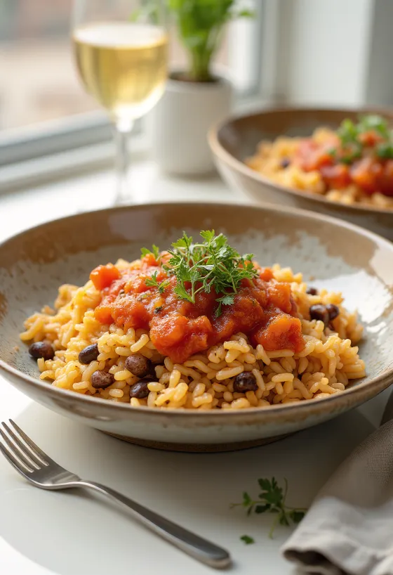Koshari mausteisella oliiviöljyllä, egyptiläinen ruoka riisistä, linsseistä ja makaronista, rikkaassa mausteisessa oliiviöljyssä ja tomaattikastikkeessa