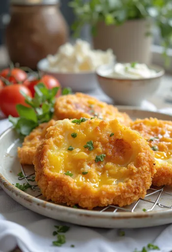 Rapeassa kuorrutuksessa oleva leivitetty munakoiso, kullanruskeaksi paistettuna