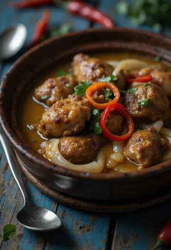 Adobo kookosmaidolla, runsas, mausteinen ruoka tarjoiltuna riisin ja korianterin kera