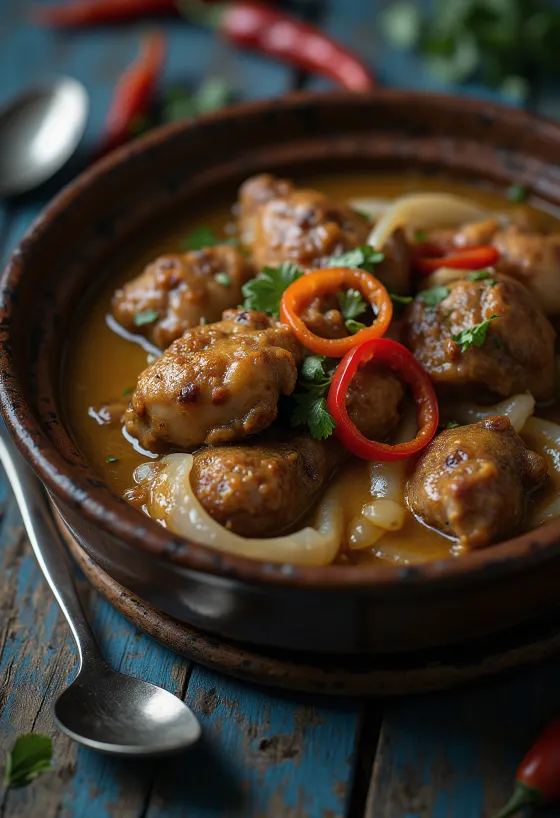 Adobo kookosmaidolla, runsas, mausteinen ruoka tarjoiltuna riisin ja korianterin kera