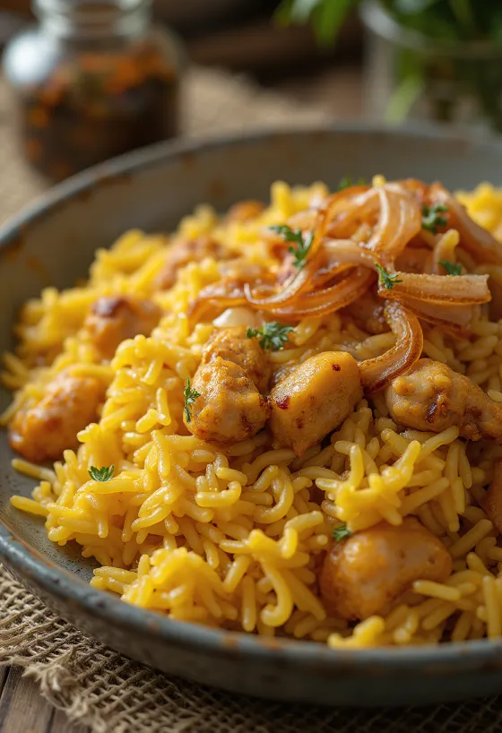 Biryani tarjoiltuna korianterin ja sahramin kera