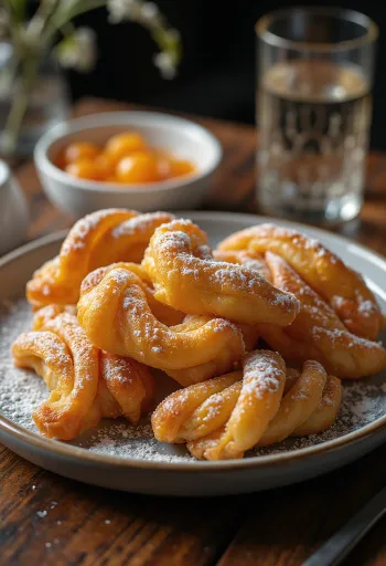 Csörögefánk tomusokerilla ja hillolla tarjoiltuna