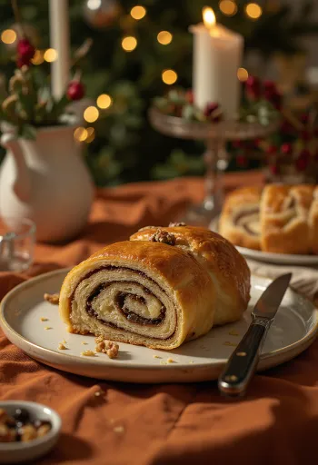 Tuoreita pähkinä-bejgli viipaleita.