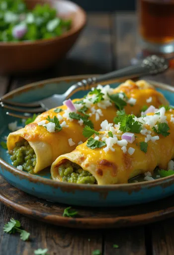 Kasvisenchiladat, vihreällä enchilada-kastikkeella ja tuoreella korianterilla