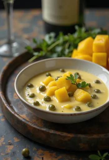 Kapris-kermainen mangokastike tarjoiltuna