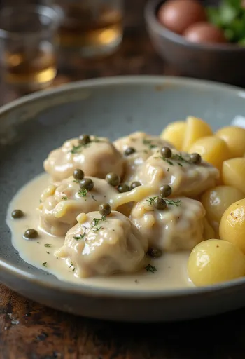 Königsberger Klopse tarjoiltuna kapriskastikkeen kanssa
