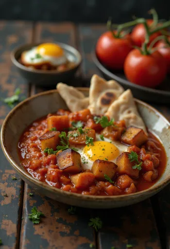 Matbucha paahdetulla munakoisolla, tomaattikastikkeessa ja tuoreella korianterilla tarjoiltuna