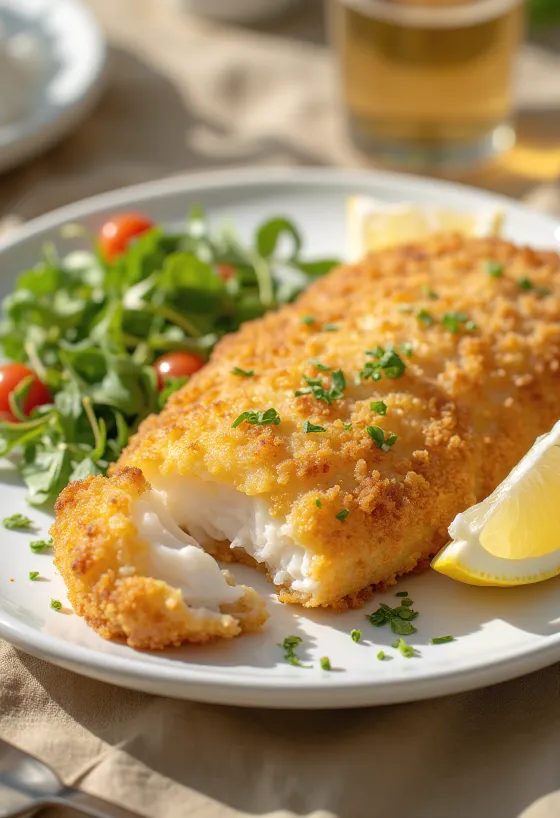 Rapea leivitetty kalafilee kullanruskeaksi paistettuna, tuoreilla sitruunarenkailla ja vihanneksilla tarjoiltuna.