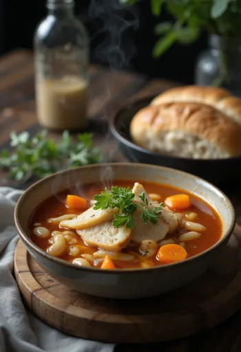 Soto Babat (palamahakeitto) tarjoiltuna, palamahalla ja valkoisilla pavuilla