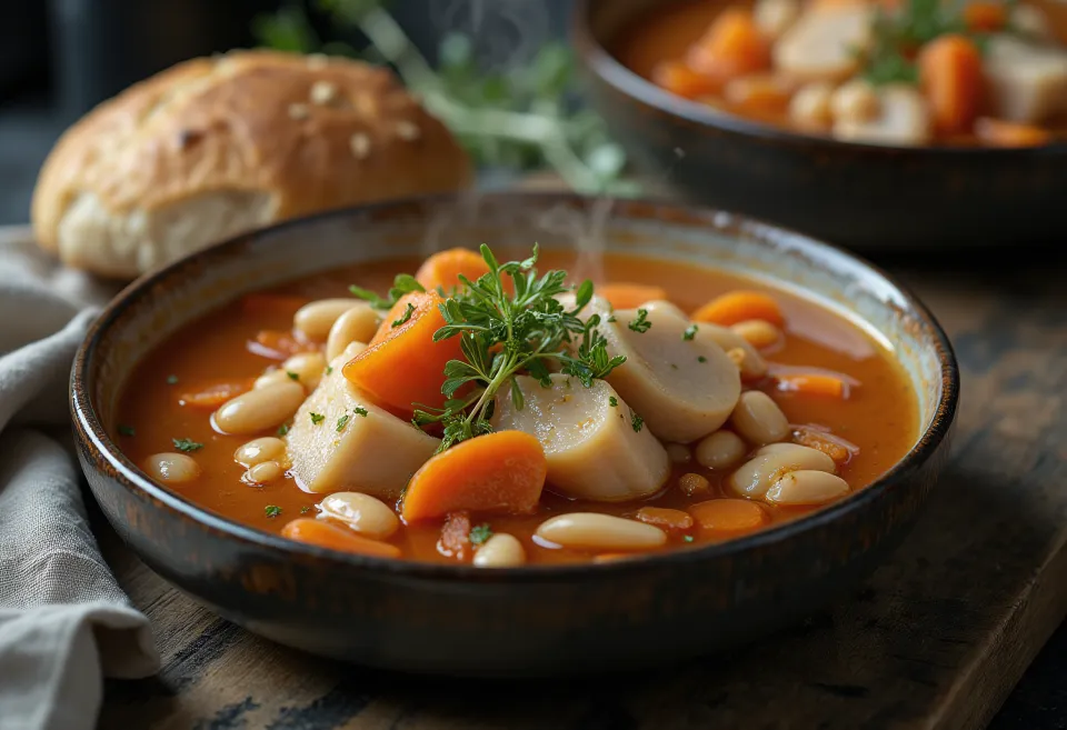 Soto Babat (palamahakeitto) tarjoiltuna, palamahalla ja valkoisilla pavuilla