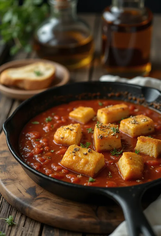 Paistettu tofu mausteisessa tomaattikastikkeessa tarjoiltuna