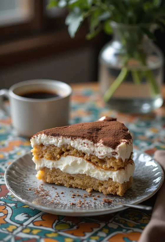 Kermainen tiramisu-kakku kerrostetulla kahvipohjalla ja mascarponevaahdolla, kaakaojauheella koristeltuna.