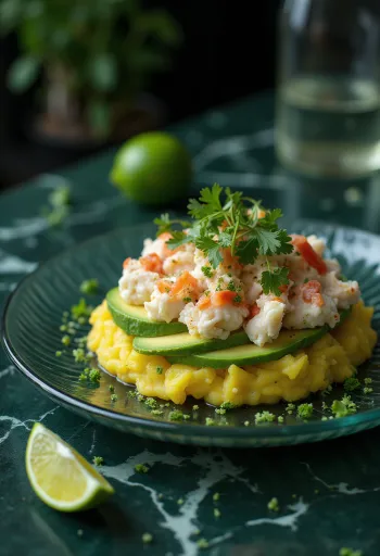 Causa de cangrejo, tarjoiltuna kermaisen perunan ja ravun kera, koristeltuna tuoreella korianterilla