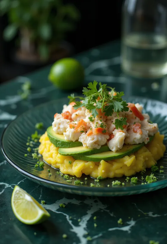 Causa de cangrejo, tarjoiltuna kermaisen perunan ja ravun kera, koristeltuna tuoreella korianterilla