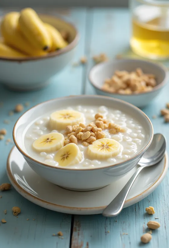 Chè banaanilla, tapioka-vietnamilainen kookosjälkiruoka banaaniviipaleilla tarjoiltuna
