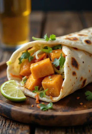Paneer tikka wrap, mausteista paneeria ja tuoretta salaattia