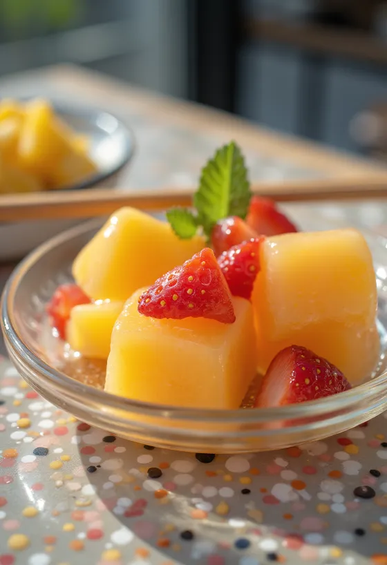 Warabi Mochi hedelmämehulla tarjoiltuna, tuoreilla hedelmillä