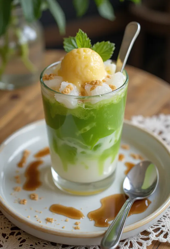 Cendol durianilla, tarjoiltuna kookosmaidon, tuoreen hyytelön ja jääpalojen kera