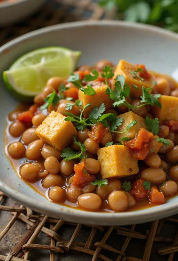 Feijoada savustetulla tempehllä tarjoiltuna, limen ja tuoreen korianterin kera