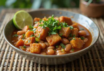 Feijoada savustetulla tempehllä tarjoiltuna, limen ja tuoreen korianterin kera