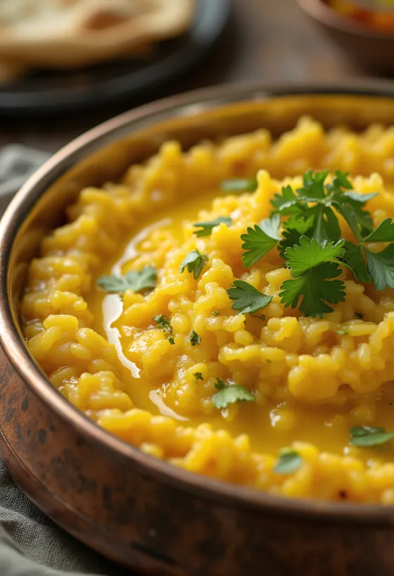 Khichdi mungpavuilla, tuoreella korianterilla koristeltuna