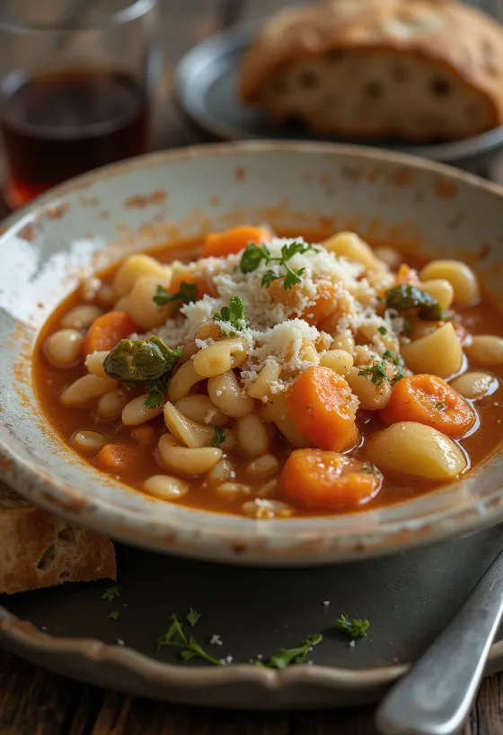 Minestrone alla Milanese, tarjoiltuna tuoreilla kasviksilla, pastalla ja parmesaanijuustolla