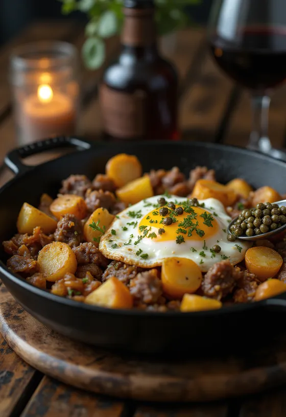 Pyttipanna kapriksilla ja paistetulla kananmunalla tarjoiltuna tummalla lautasella