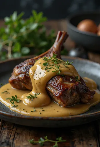 Paahdettu jänis sinappikastikkeessa lautasella