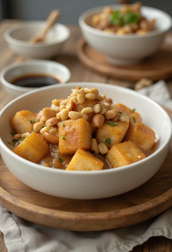 Paistettu tofu maapähkinämarinadissa tarjoiltuna