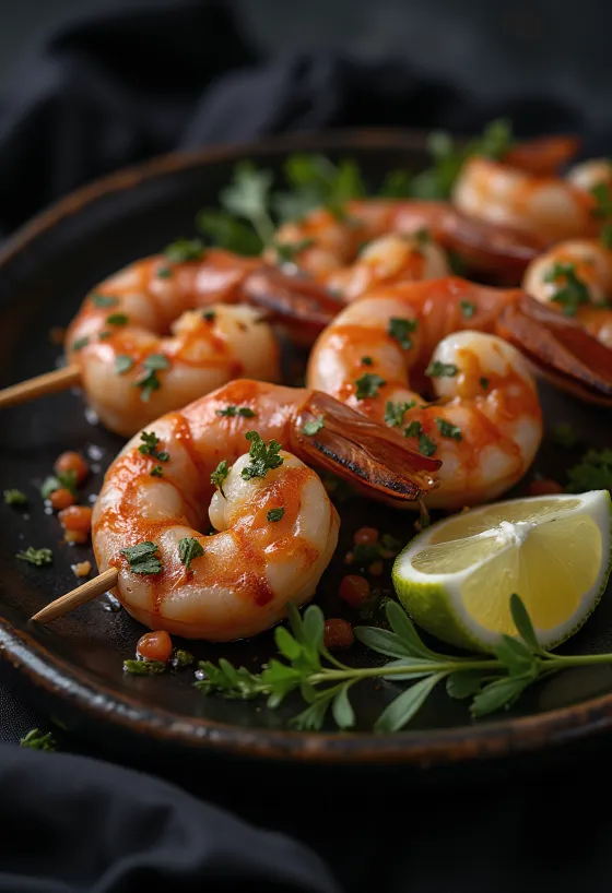 Anticucho de camarones, grillattuja katkarapuja puutikuissa, tuoreilla mausteilla