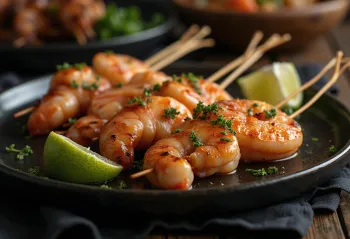 Anticucho de camarones, grillattuja katkarapuja puutikuissa, tuoreilla mausteilla