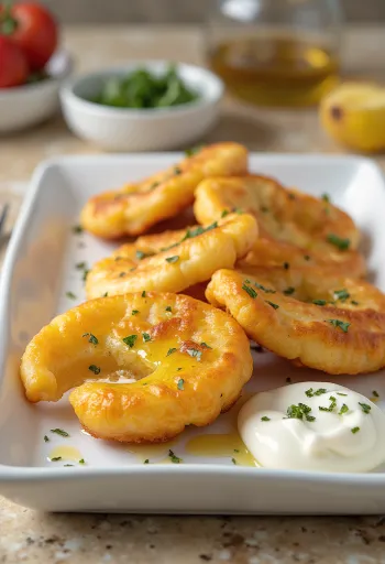 Valkosipulinen carimañola tarjoiltuna kullanruskeina, rapeina paloina